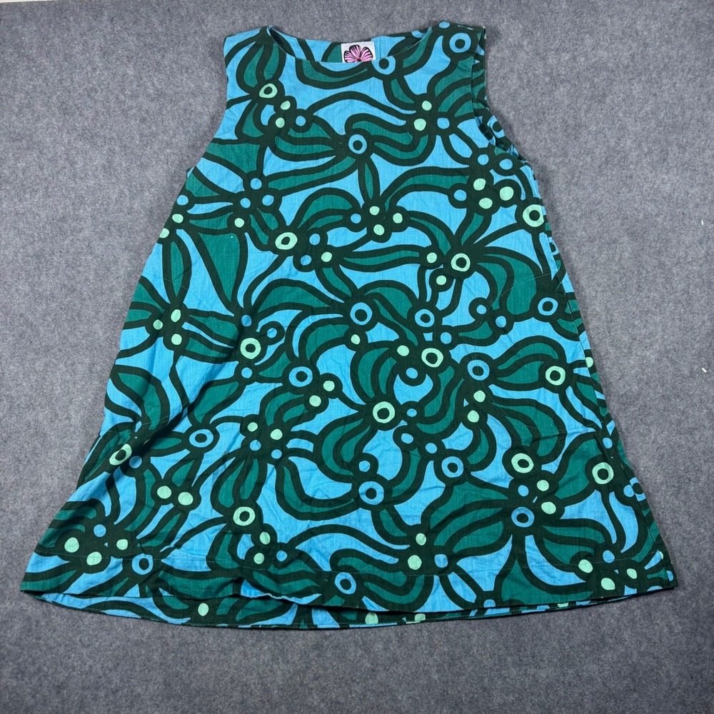 Lesley Evers Dress Womens 2X Blue Green Abstract Cotton Sleeveless A-Line Mod *